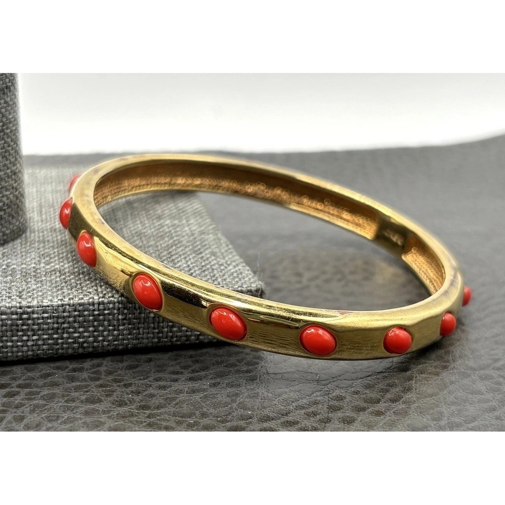 J Crew Red Faux Coral Cabochon Bangle Bracelet 7.75" Gold Tone